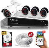 AmSecu 4K 4CH Smart Security Camera System w/ 4 x 4K 8MP 3.6mm Bullet Cameras