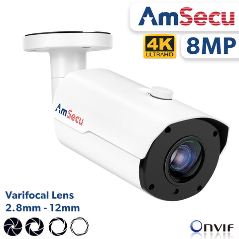 AmSecu UltraHD 4K (8MP) Outdoor Bullet POE IP Security Camera, Day/Night/IR Vari-Focal Motorized 2.8-12mm Lens, IP66 Weatherproof (CA-IP-BMR)